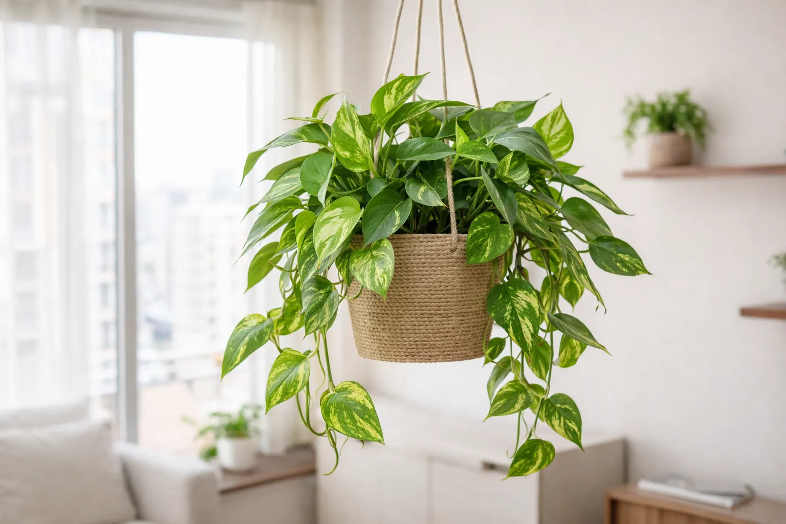 Como cuidar da jiboia em apartamento: Jiboia pendente em vaso de apartamento, com folhas verdes e saudáveis, luz indireta e ambiente interno