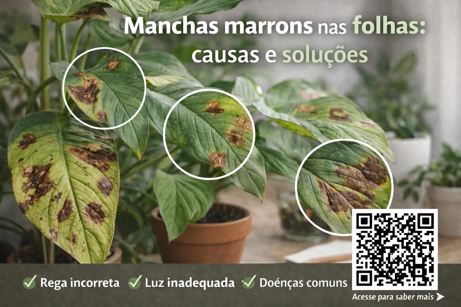 manchas marrons nas folhas,esta indicando problemas de rega, luz ou doenças comuns em plantas de interior