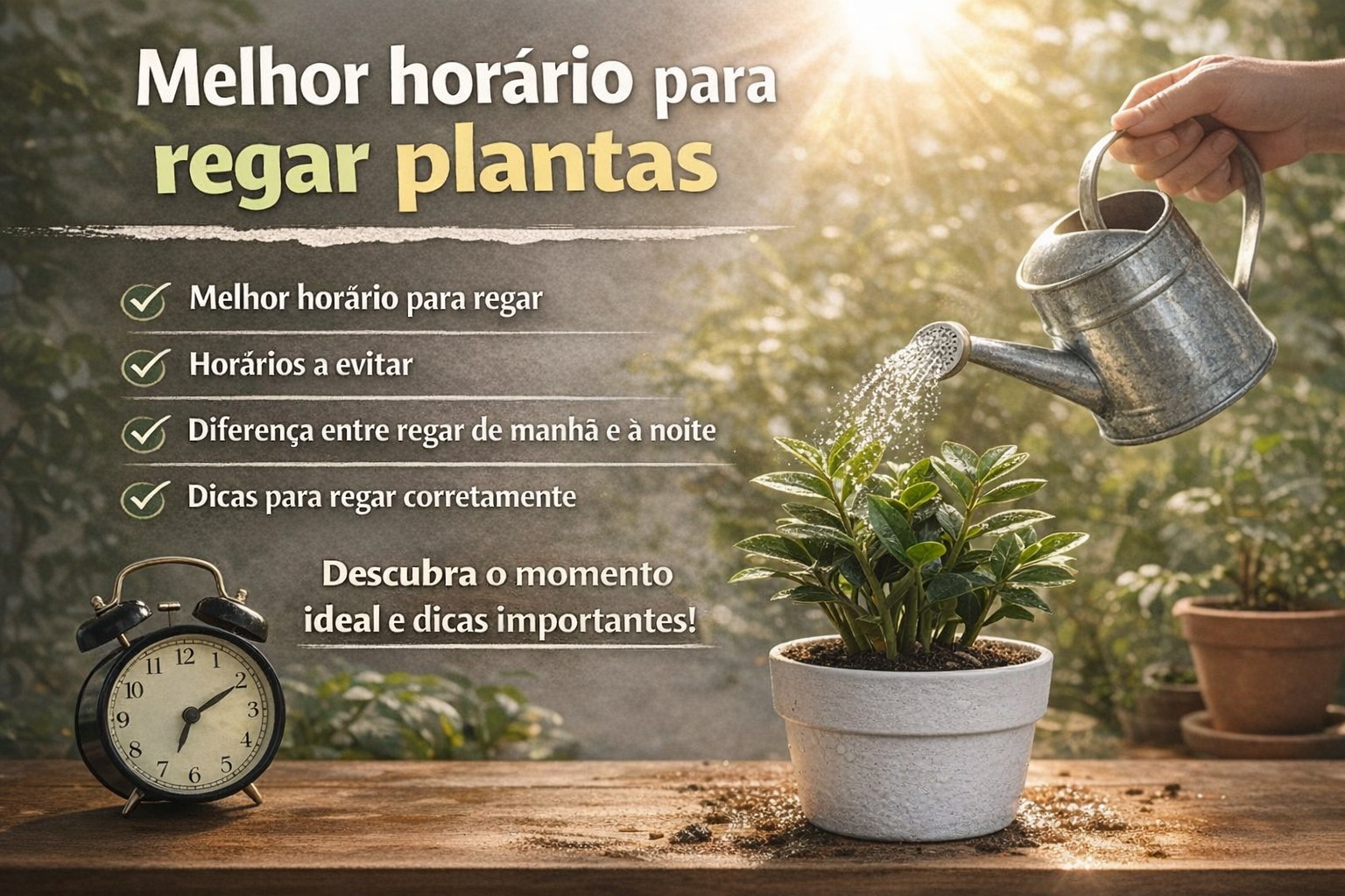 Melhor horário para regar plantas: Pessoa regando plantas no início da manhã, horário ideal para absorção da água e crescimento saudável.