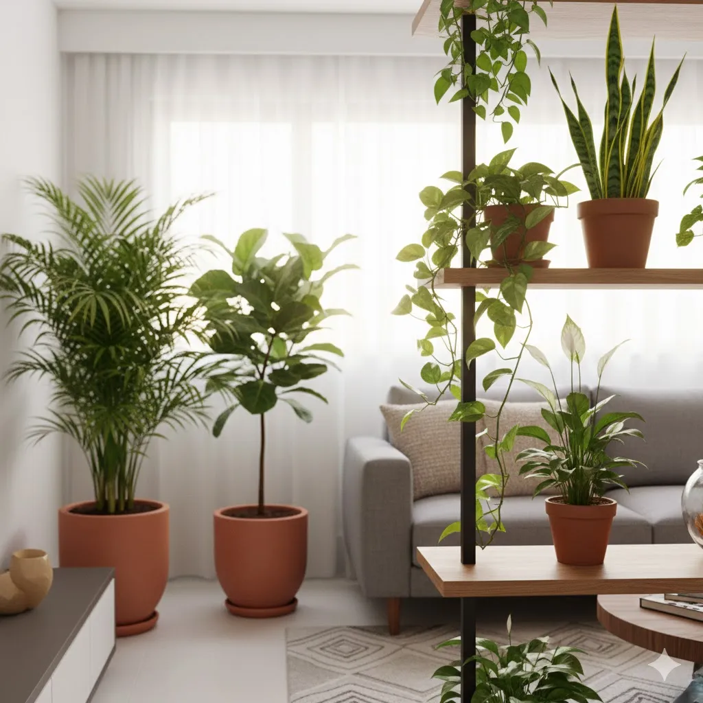 Plantas que Purificam o Ar do apartamento: As 7 melhores: Sala de estar de apartamento decorada com plantas de sombra como Lírio da Paz e Espada de São Jorge em vasos modernos sobre prateleiras de madeira.