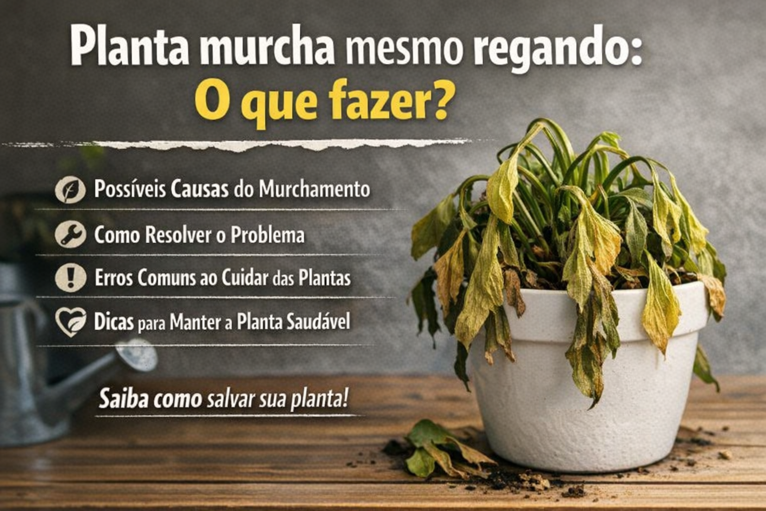 Planta murcha mesmo regando: Planta com folhas murchas em vaso, mesmo após rega, indicando possível excesso de água ou problema nas raízes.