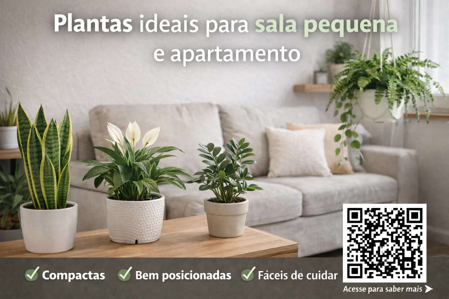Sala pequena decorada com plantas de interior compactas e bem posicionadas