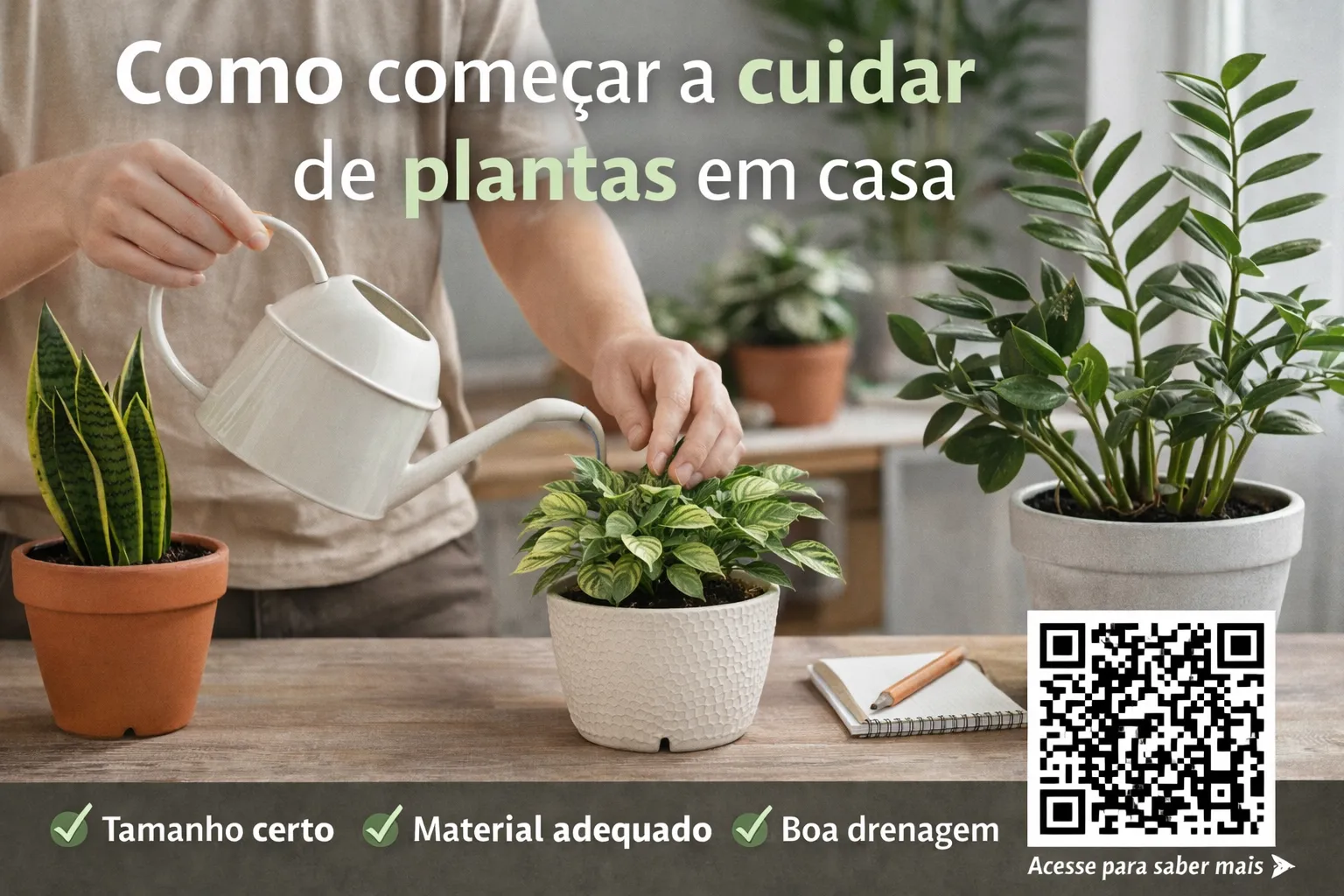 Pessoa iniciando no cuidado com plantas em casa, aprendendo a regar e posicionar vasos corretamente