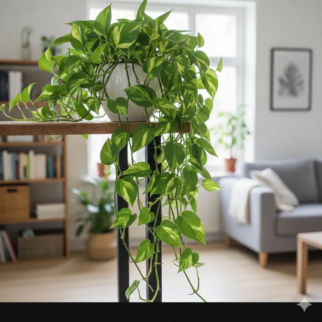 Vaso de planta Jiboia pendente com folhagem verde vibrante e amarela em uma prateleira de madeira, estilo decoração urbana jungle.