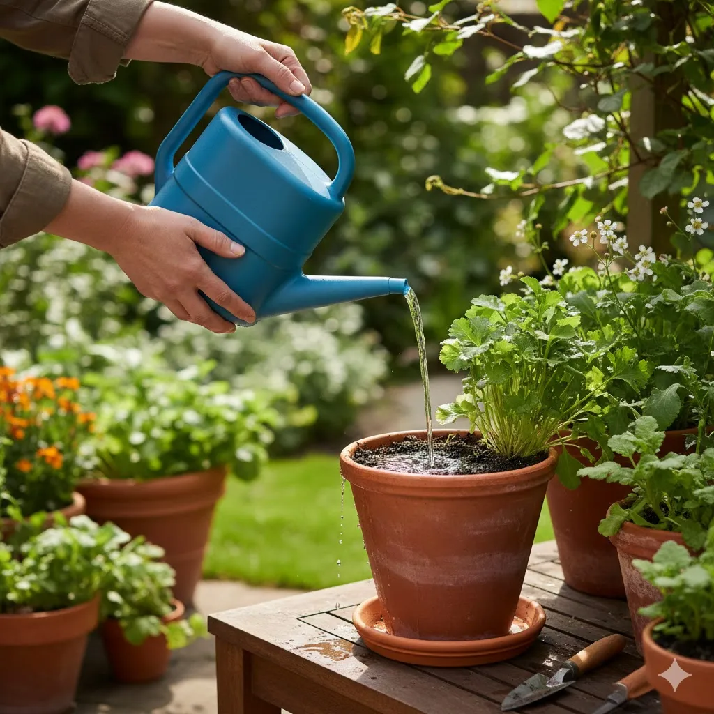 Como regar plantas corretamente, mostrando técnica de rega profunda e solo úmido sem encharcamento