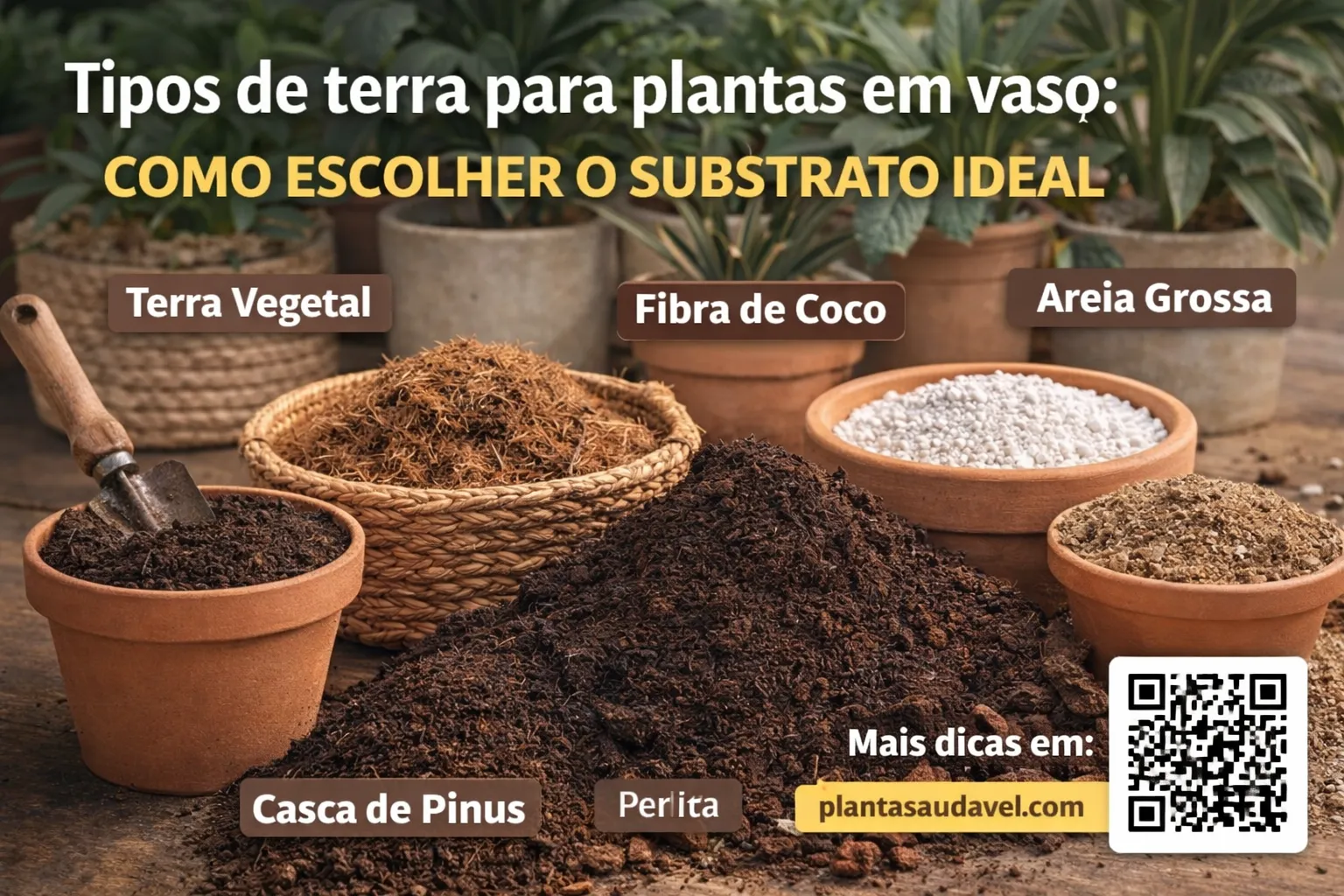 Tipos de terra e substratos para plantas em vaso, mostrando materiais como terra vegetal, fibra de coco e perlita
