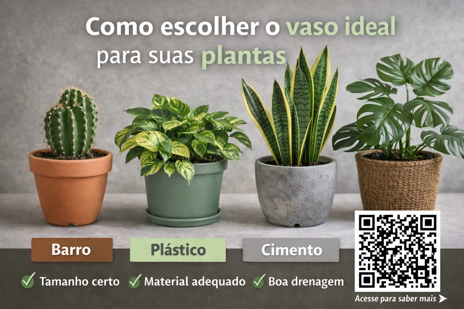 Como escolher o vaso ideal:Guia visual mostrando como escolher o vaso ideal para plantas, considerando tamanho, material e drenagem