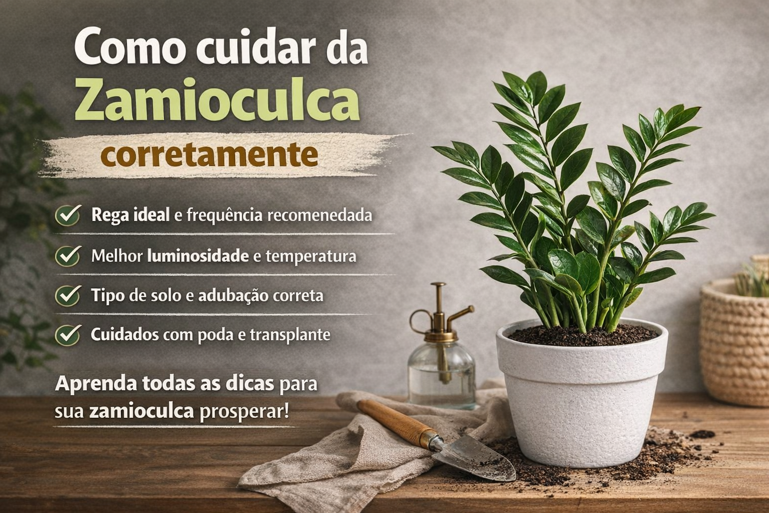 Como cuidar da zamioculca corretamente: 1 guia completo para uma planta sempre saudável: Planta zamioculca com folhas verdes e brilhantes em vaso decorativo dentro de casa.