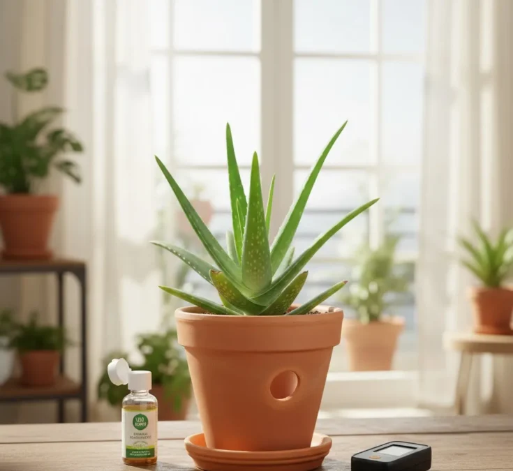 Um vaso de babosa posicionado próximo a uma janela ensolarada ou em uma varanda com luz indireta forte.