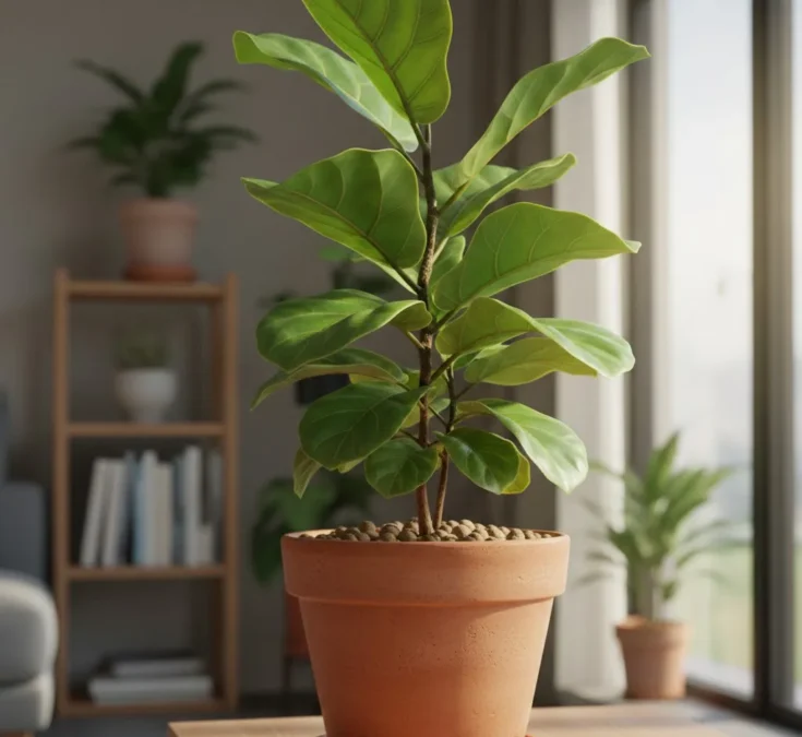 Uma planta vibrante em um vaso perfeitamente dimensionado e bem drenado, ilustrando a importância do vaso para a saúde e beleza da planta.