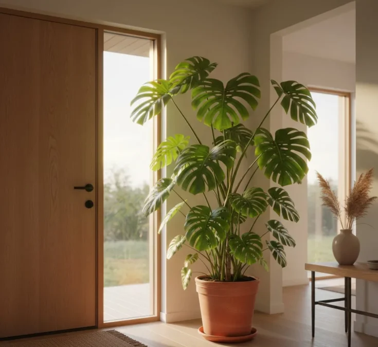 Grande planta Costela-de-adão saudável posicionada perto da entrada de uma casa moderna, simbolizando abundância e renovação de energias.