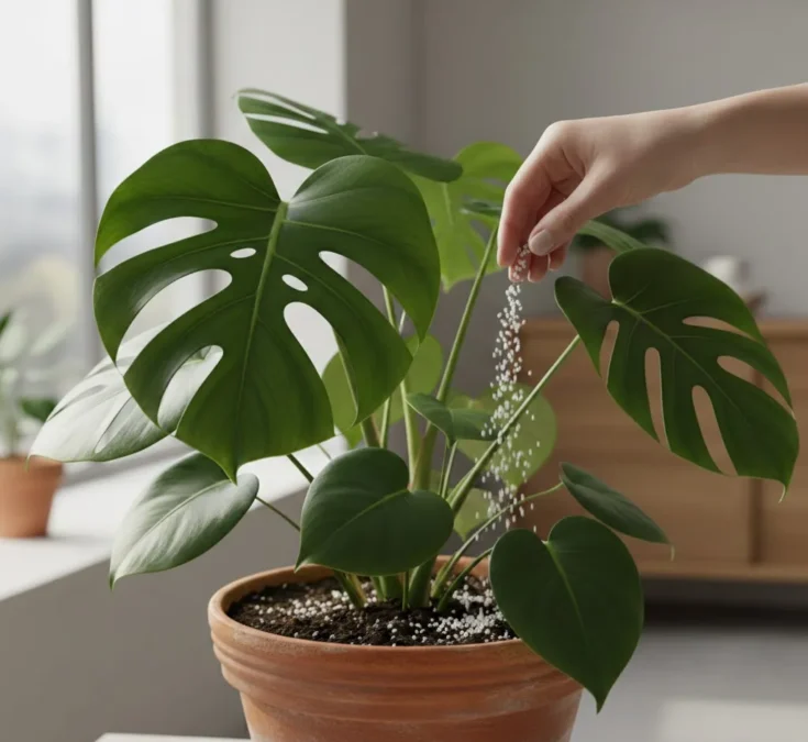 Monstera deliciosa com folhas grandes e verdes, recebendo adubo em pó na borda do vaso.