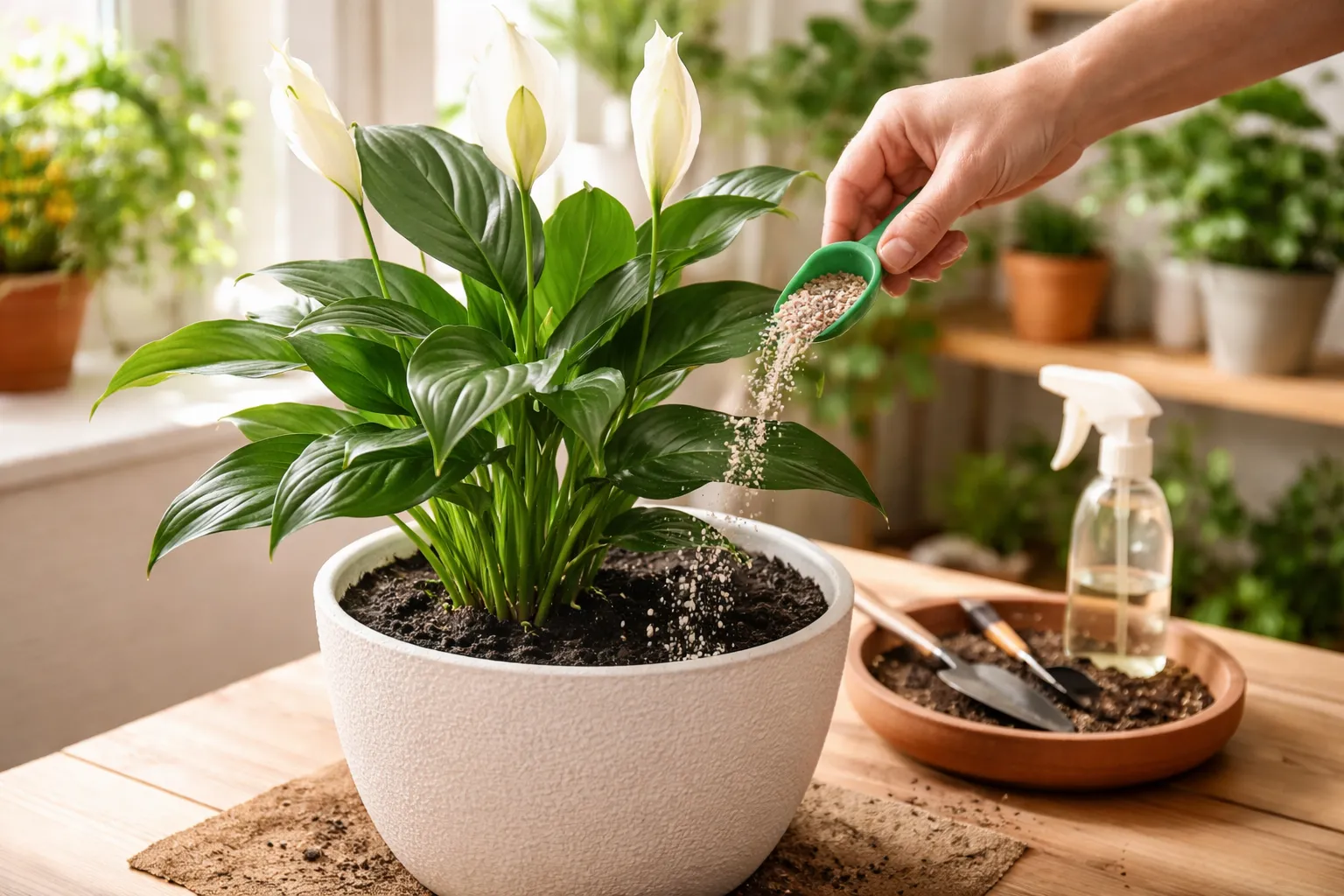 Lírio-da-paz recebendo adubo em vaso dentro de casa