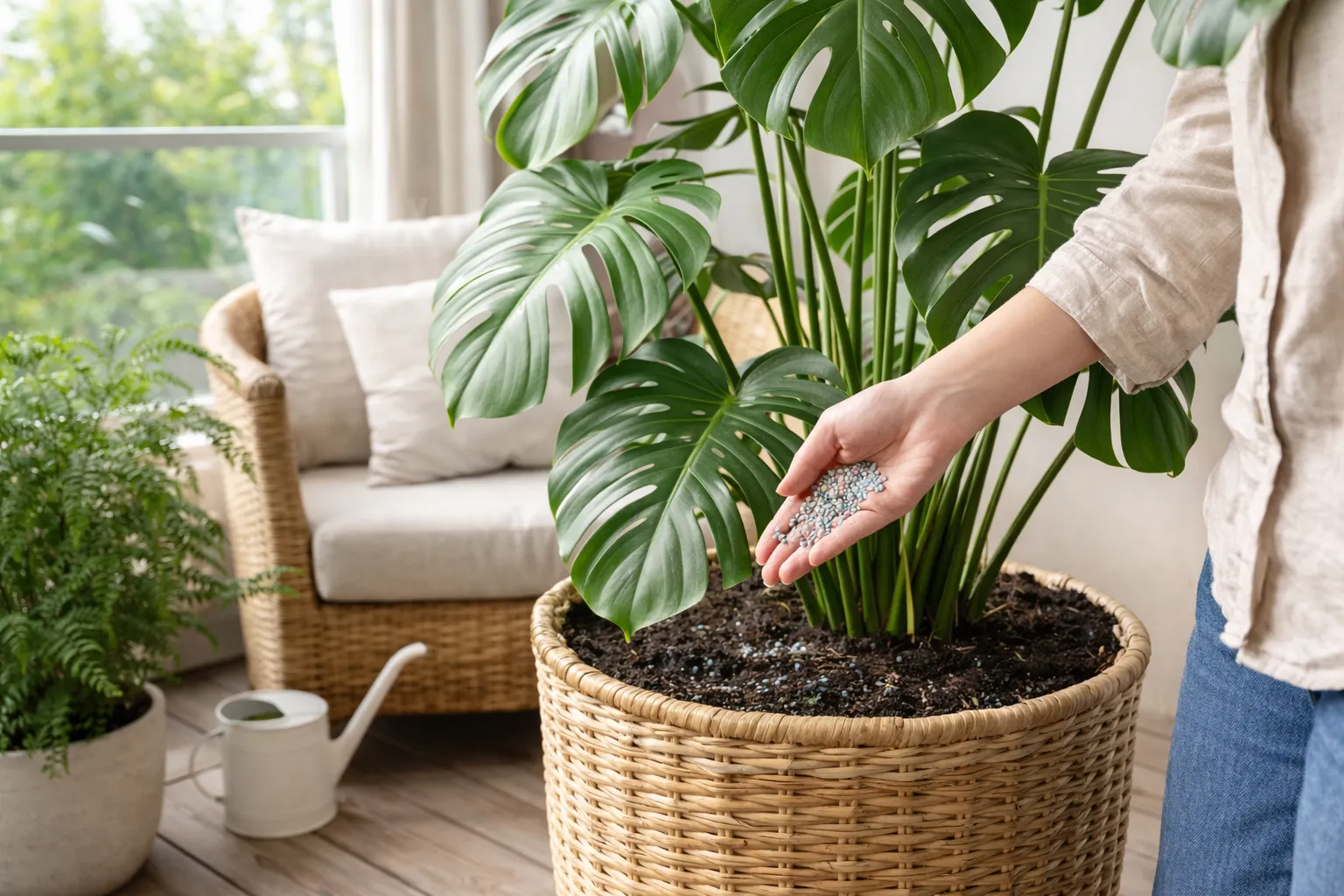 Como adubar a Costela-de-adão: pessoa aplicando adubo em costela de adão em vaso grande na varanda