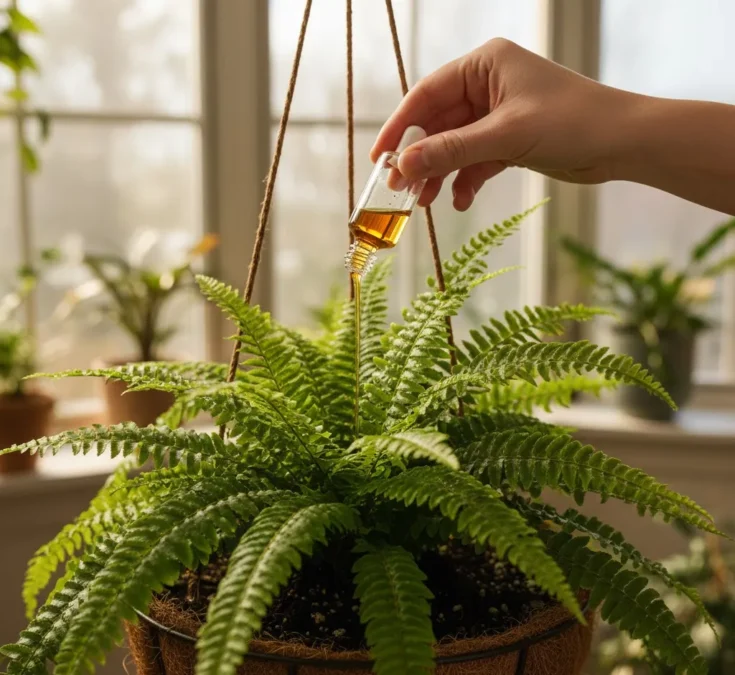Pessoa aplicando fertilizante líquido em uma samambaia com folhas verdes e saudáveis, ilustrando a importância da nutrição.