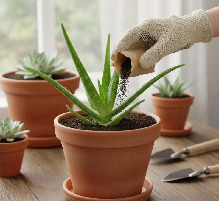 Uma mão adicionando fertilizante orgânico granulado ao solo de um vaso de babosa, destacando a importância dos nutrientes.