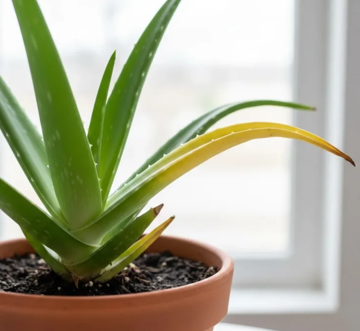 Uma folha de babosa (Aloe vera) amarelada em contraste com folhas verdes saudáveis, destacando a transição de cor causada por problemas de cultivo.