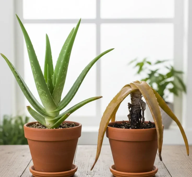 Comparação entre uma planta de babosa vibrante e uma babosa com folhas amolecidas e escuras, indicando podridão.