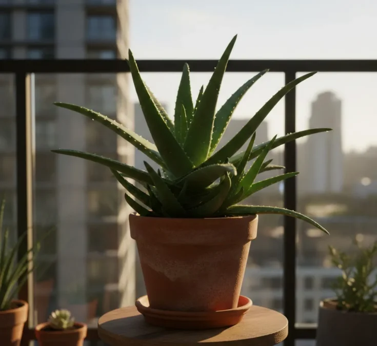 Uma planta de babosa (Aloe vera) vibrante e saudável em um vaso de barro, posicionada em uma sacada de apartamento bem iluminada pelo sol da manhã.