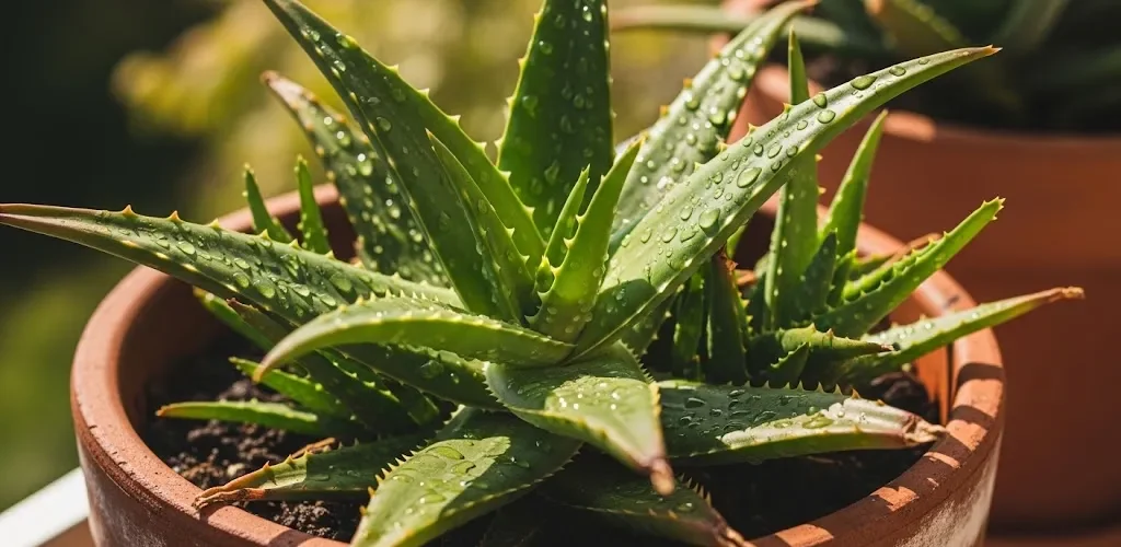 Imagem de uma planta de babosa (Aloe vera) vibrante e verde, crescendo em um vaso de terracota, sob luz solar intensa. As folhas são grossas e suculentas, sem sinais de queimadura ou estiolamento. Ao fundo, um quintal ou varanda ensolarada com elementos naturais.