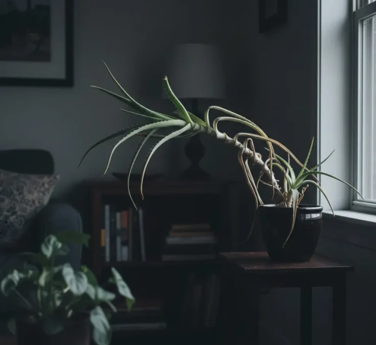 Uma planta de babosa com folhas finas e alongadas, inclinadas em direção a uma janela, indicando falta de luz solar direta.