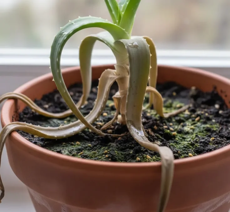 Uma planta de babosa em um vaso, com suas folhas visivelmente moles, curvadas e com aspecto encharcado, indicando problemas de rega excessiva. O solo ao redor da planta parece úmido.