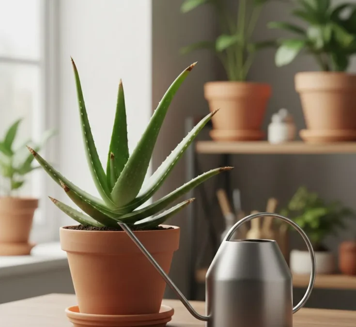 Uma babosa com folhas verdes e pontas visivelmente marrons, ao lado de um regador de precisão, ilustrando a importância da irrigação controlada.