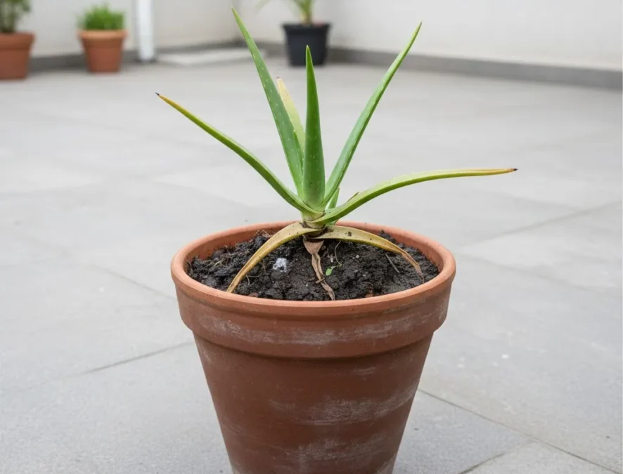 Uma planta de babosa (Aloe vera) em um quintal, com o solo compacto e úmido ao redor da base. As folhas da babosa mostram sinais de amarelamento e estão ligeiramente moles, indicando excesso de água. Há pequenos pontos de mofo visíveis no solo e na base da planta, sugerindo problemas de drenagem.