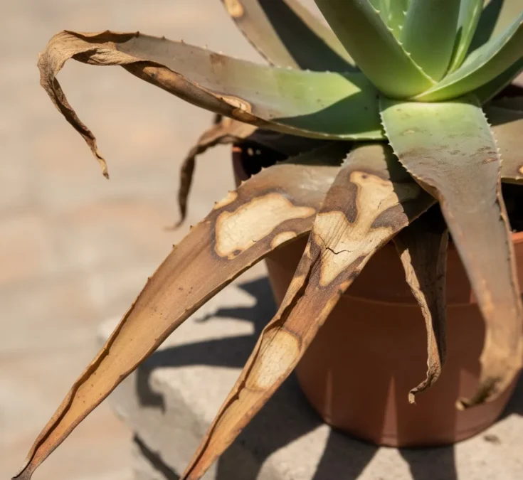 Folhas de babosa com manchas marrons e pontas secas, resultado de exposição excessiva ao sol forte, ilustrando os danos causados pelo calor extremo.