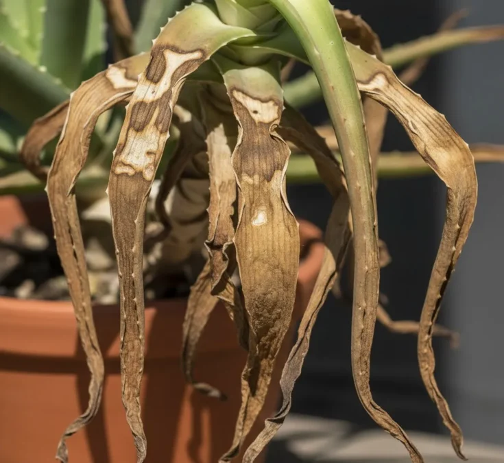 Close-up de folhas de babosa com manchas marrons e pontas secas, indicando queimadura solar e desidratação.