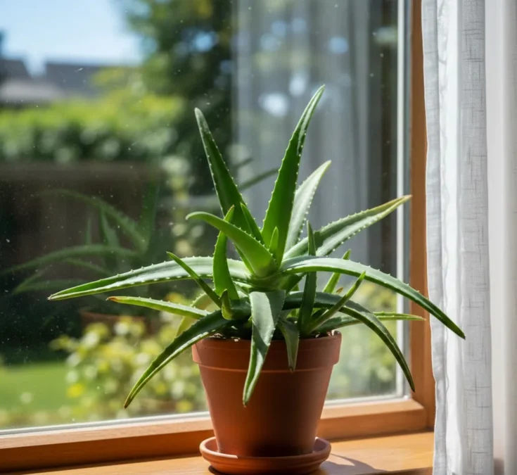 Vaso de babosa saudável com folhas verdes e robustas em uma janela com luz solar direta, indicando o ambiente ideal para seu cultivo em casa.