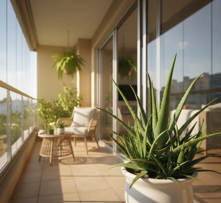 Vaso de babosa em uma varanda fechada, desfrutando de luz solar e boa ventilação, com móveis de exterior ao fundo, ilustrando um local adequado para a planta.