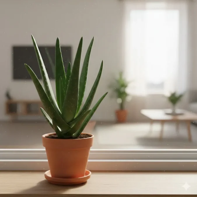 Uma planta de babosa saudável com folhas verdes e firmes, posicionada perto de uma janela com luz solar indireta forte, criando um ambiente ideal para seu crescimento.