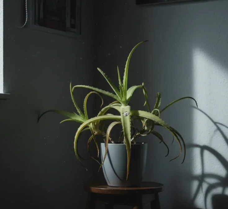 Uma babosa em um ambiente interno escuro, com suas folhas pálidas e amareladas, mostrando o impacto da falta de luz solar na saúde da planta.