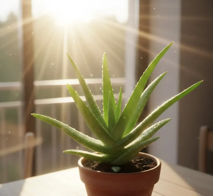 Uma planta de babosa (Aloe vera) saudável e vibrante, iluminada por um sol suave da manhã, com raios de luz entrando através de uma janela.