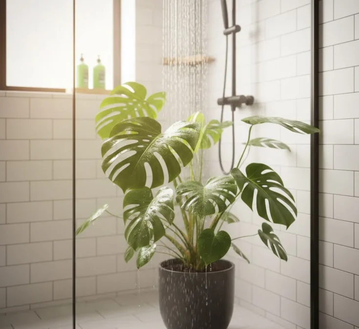 Planta Costela-de-adão sendo suavemente molhada por um chuveiro no banheiro, com água caindo delicadamente sobre as folhas verdes e luxuriantes.