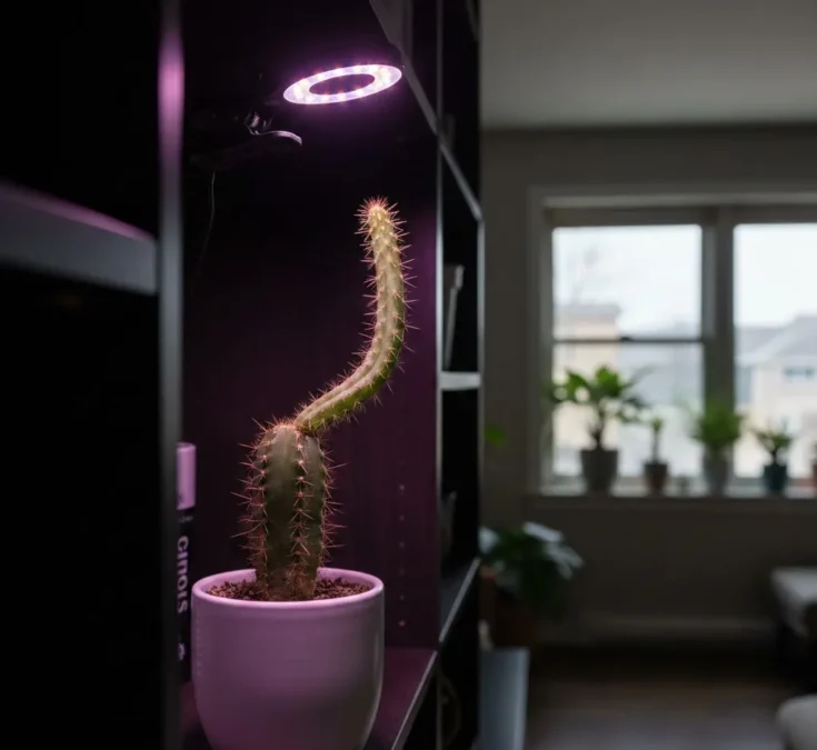 Cacto estiolado e fino em prateleira escura, com um Grow Light Full Spectrum iluminando-o. A imagem mostra o crescimento alongado e deformado do cacto devido à falta de luz.
