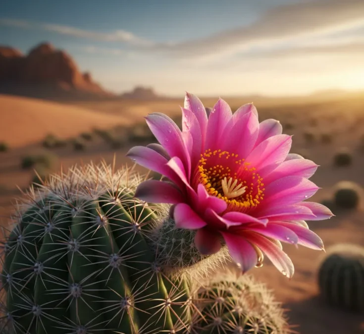 Imagem realista de um cacto verde exuberante com uma grande e vibrante flor vermelha ou rosa desabrochando, em um ambiente de deserto ensolarado.