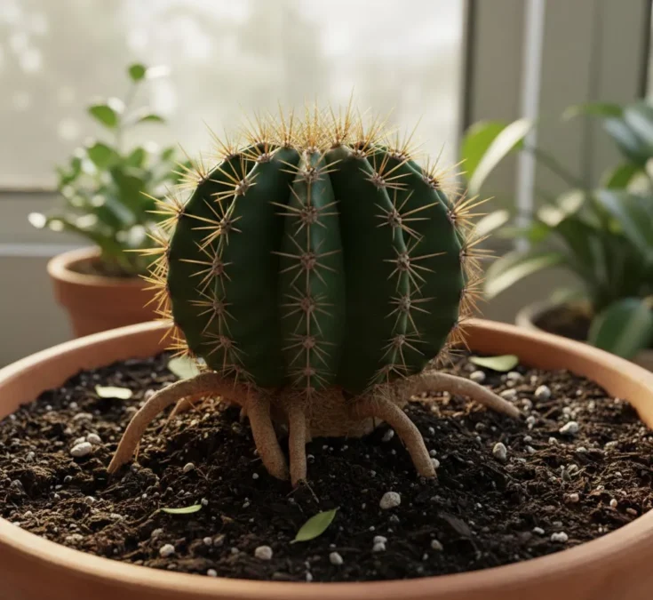 Imagem de um cacto saudável com raízes em solo nutritivo, destacando a necessidade de adubação em vasos.