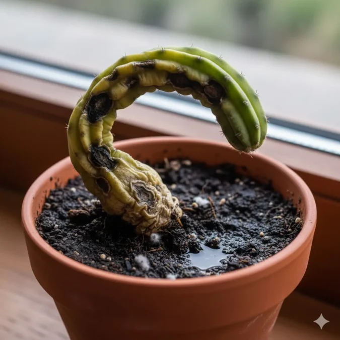 Cacto murcho e tombando em vaso de barro, com solo encharcado e manchas escuras, indicando podridão por excesso de água.