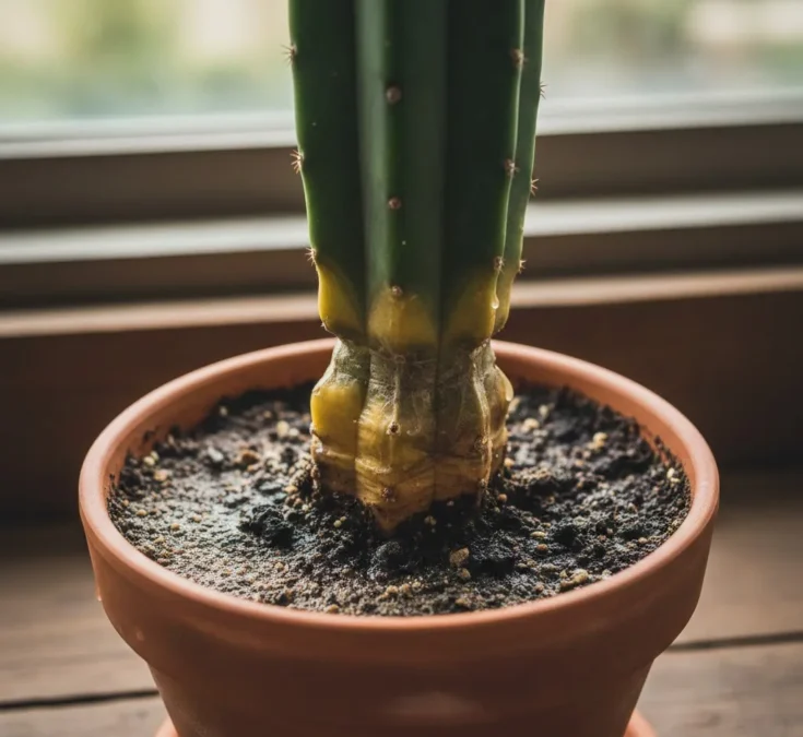 Fotografia realista de um cacto suculento com a parte inferior do caule amarela e ligeiramente murcha, indicando excesso de rega.