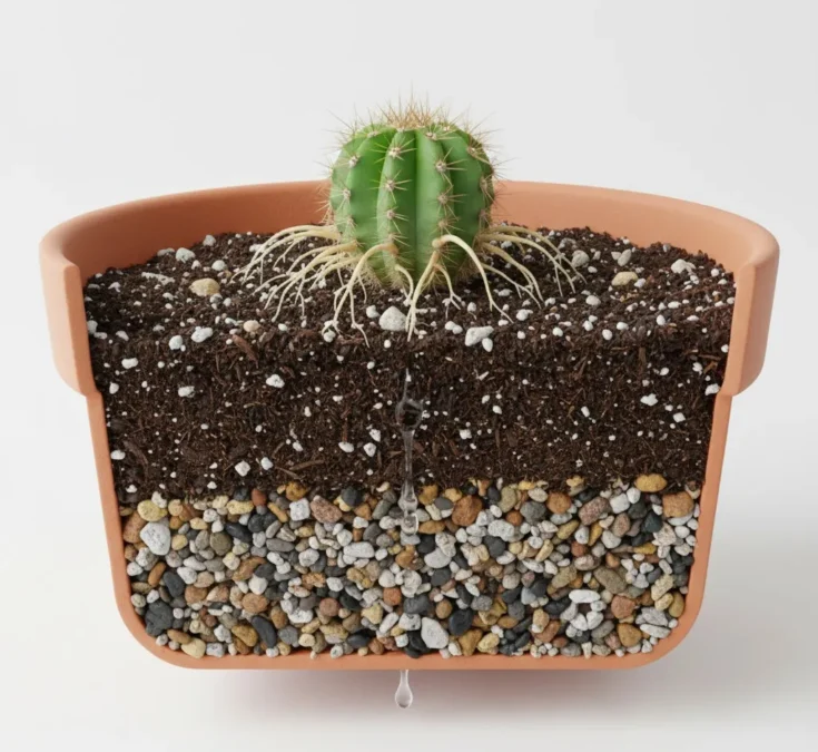 Cacto em vaso com substrato bem drenado, simbolizando a rega correta e prevenção de podridão.