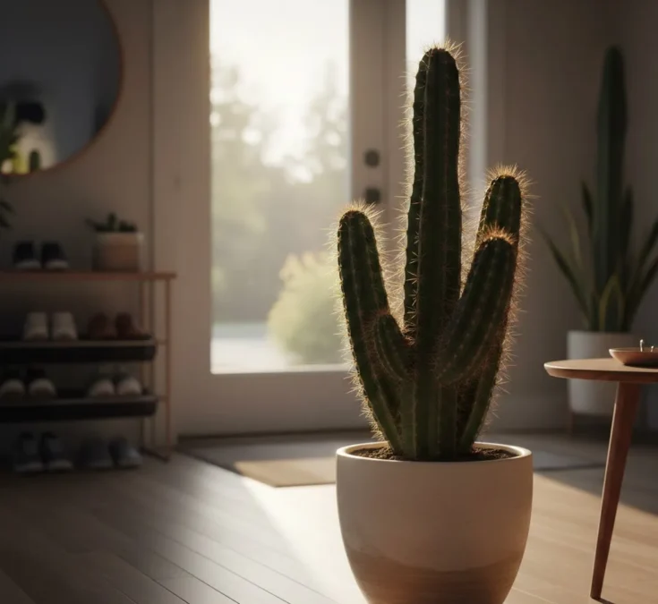 Cacto grande e robusto em um vaso de cerâmica fosca, posicionado em uma área de destaque perto de uma entrada de casa iluminada, com a luz do sol entrando suavemente.