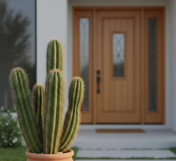 Cacto grande e saudável em um vaso de barro na entrada de uma casa moderna, com luz solar suave destacando seus espinhos e a porta de entrada ao fundo.