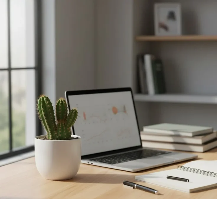 Cacto pequeno em um vaso minimalista sobre uma escrivaninha organizada, com um notebook, livros e elementos que sugerem estudo e concentração, recebendo luz natural.