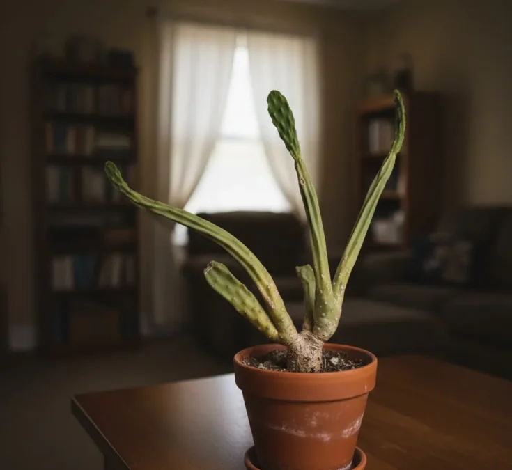 Fotografia realista de um cacto etiolado, alongado, com hastes finas e cor amarelada, posicionado em um ambiente interno com pouca luz.