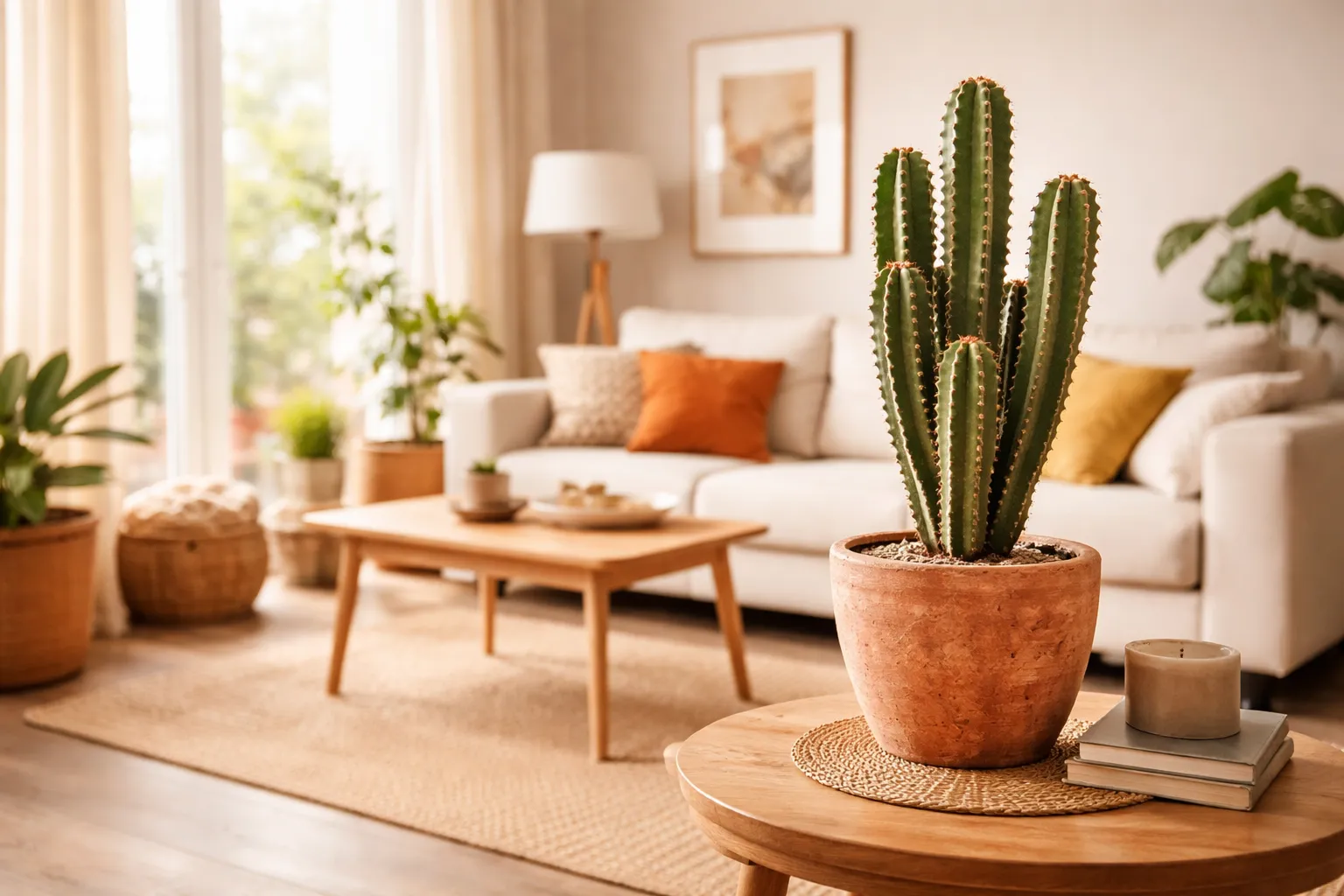 Cacto na decoração: Cacto em vaso de barro sobre mesa lateral em sala de estar simples bem iluminada