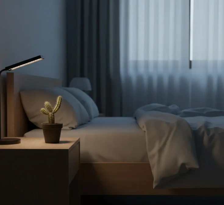 Cacto pequeno e pontiagudo em um vaso simples sobre um criado-mudo em um quarto escuro, ao lado de uma cama. A iluminação é fraca e o ambiente transmite uma sensação de desconforto ou falta de vitalidade.