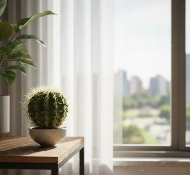 Cacto verde redondo em vaso cinza claro sobre uma mesa de madeira, com uma janela iluminada e cortinas brancas ao fundo, demonstrando a luz indireta ideal para cactos.