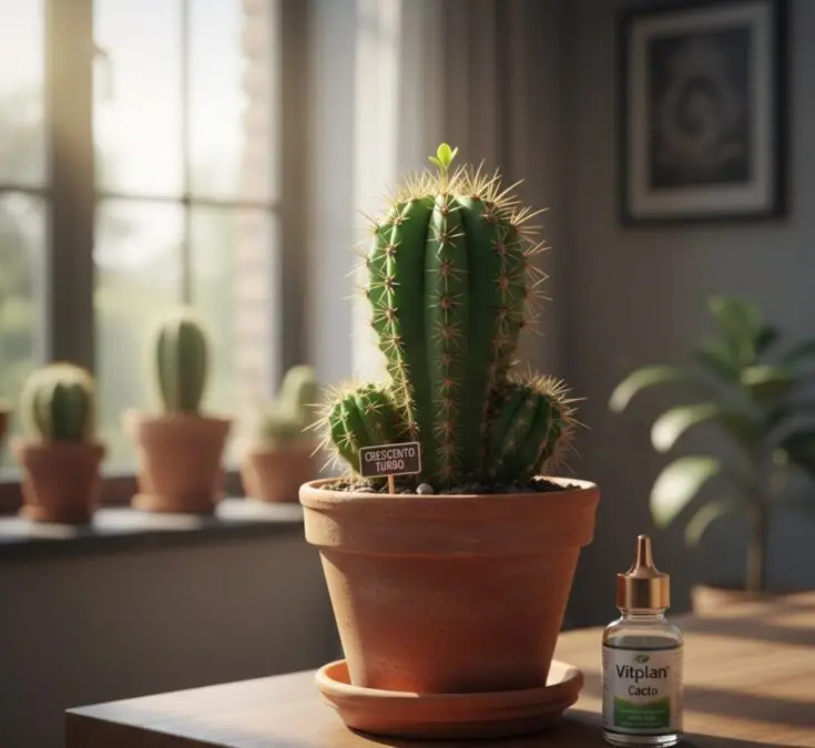 Cacto vigoroso em vaso recebendo luz solar intensa, simbolizando crescimento acelerado.
